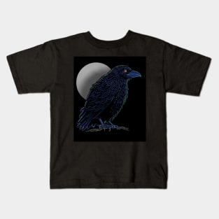 Crow design in blue and light green colors with full moon Kids T-Shirt